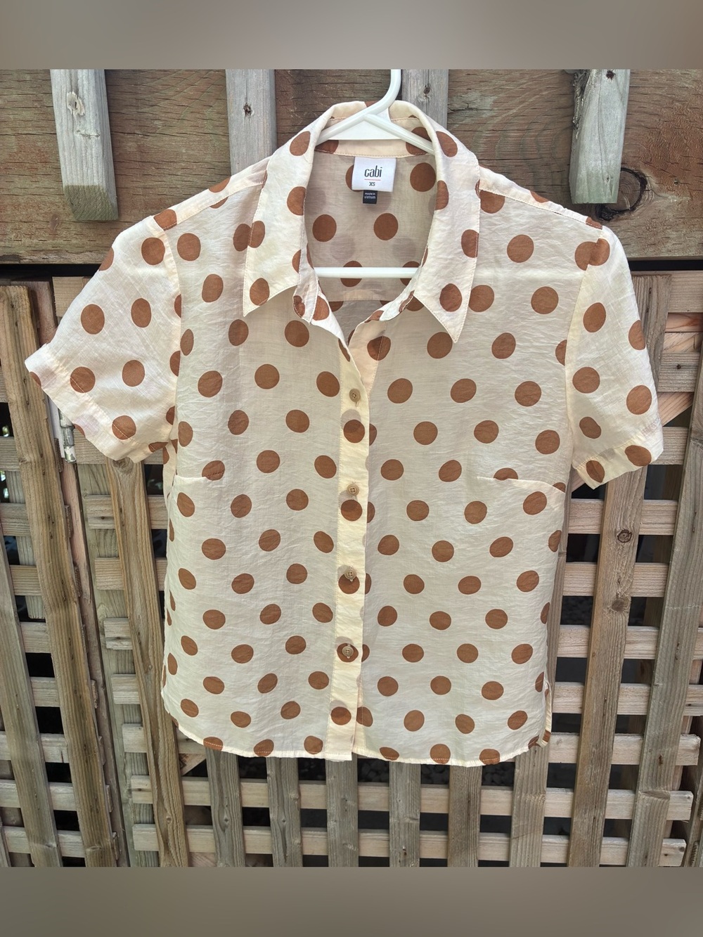 CAbi Cream and Brown Polka Dot Short Sleeve Button-Down